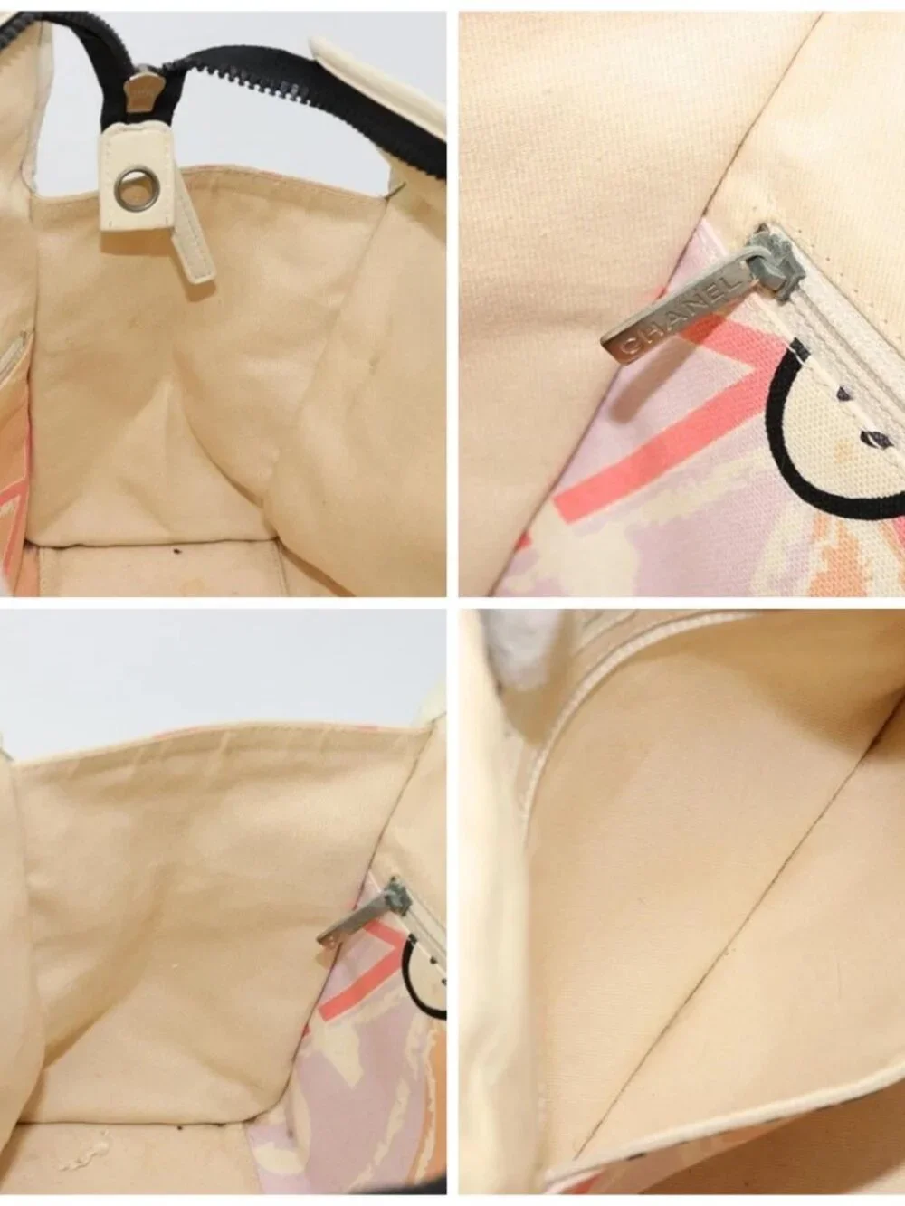 CHANEL Cruise Line Hand Bag Canvas Beige Silver CC Auth 176918